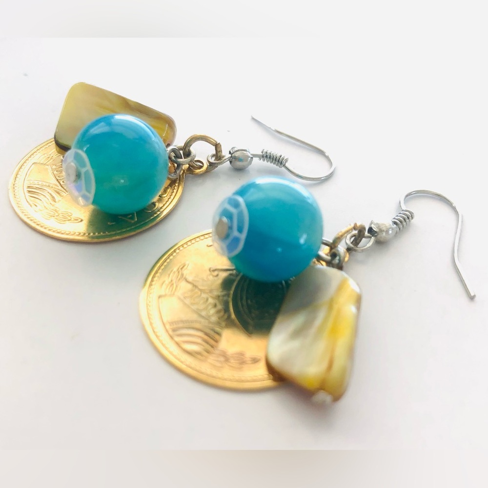 “Shipwrecked” Earrings - gold coins and mother of pearl - beach NWT - handmade